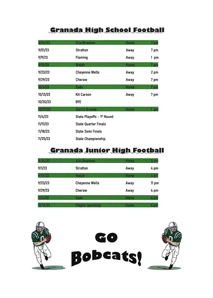 sports schedule green & White