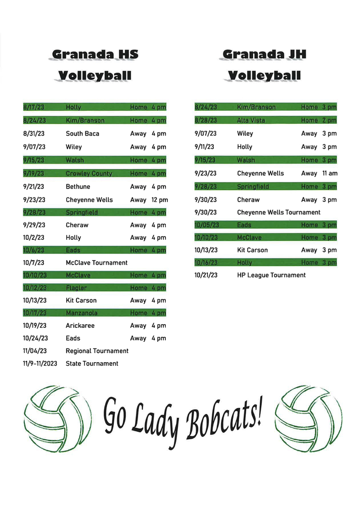 sports schedule green & White 