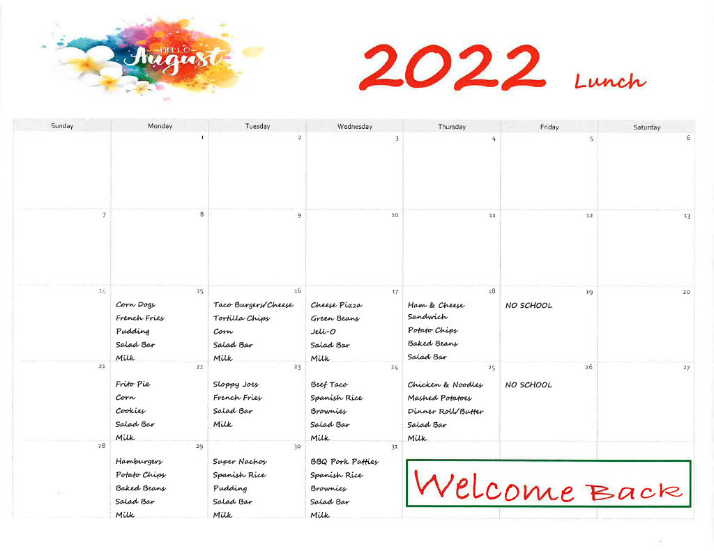 August 2022 - Lunch Menu