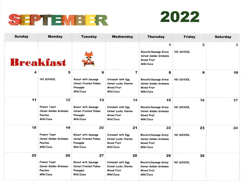 September 2022 - Breakfast Menu 