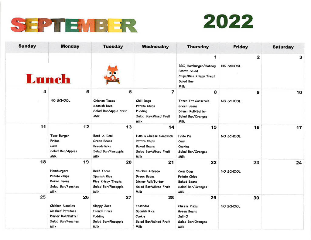 September 2022 - Lunch Menu
